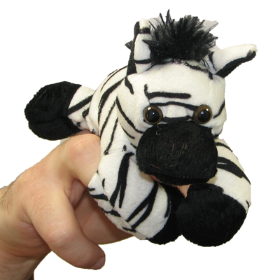 The Puppet Company finger puppet zebra, black and white zebra on a hand, side view
