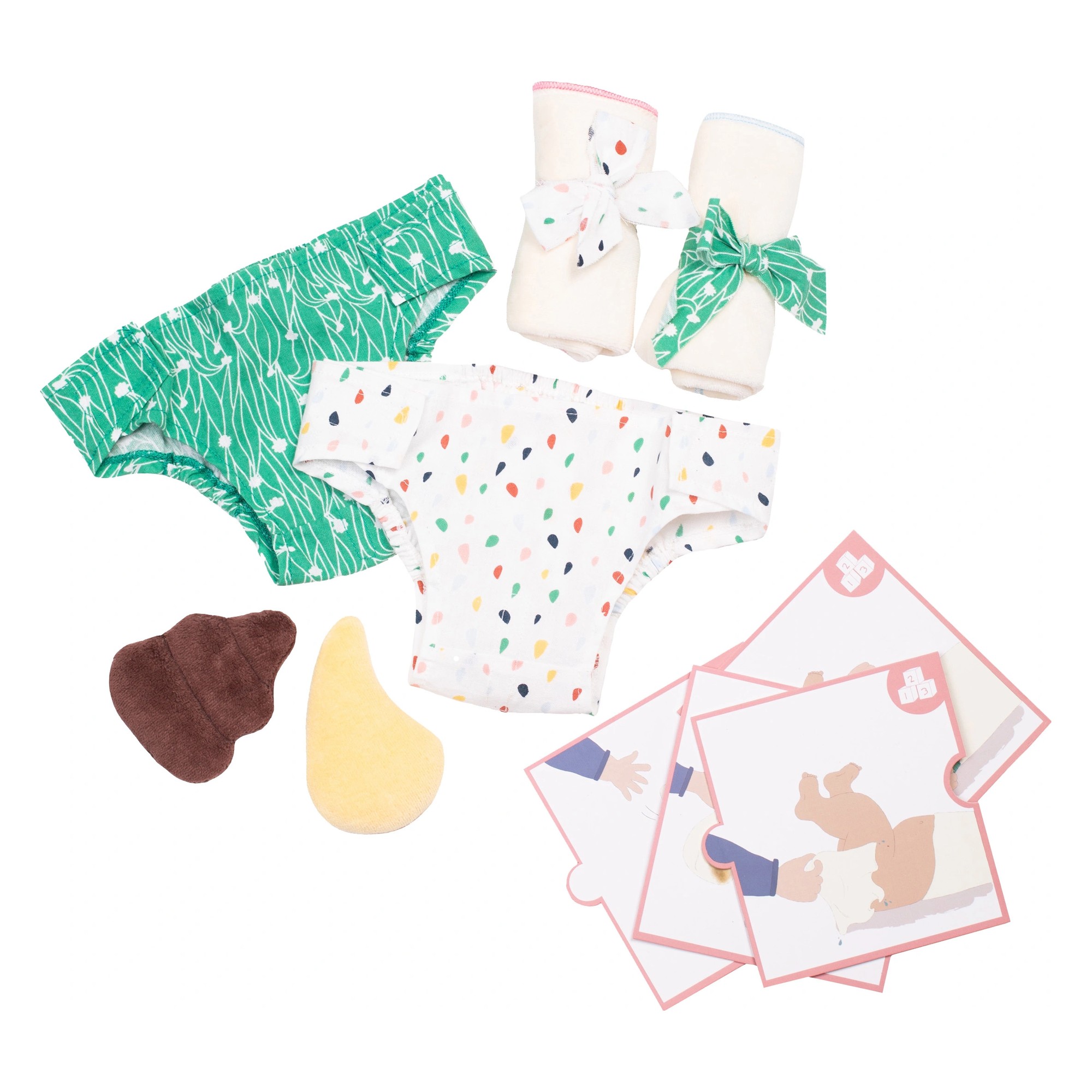 Nappy set by Rubens Barn: fabric nappies, cloths, plush poo and picture cards for changing