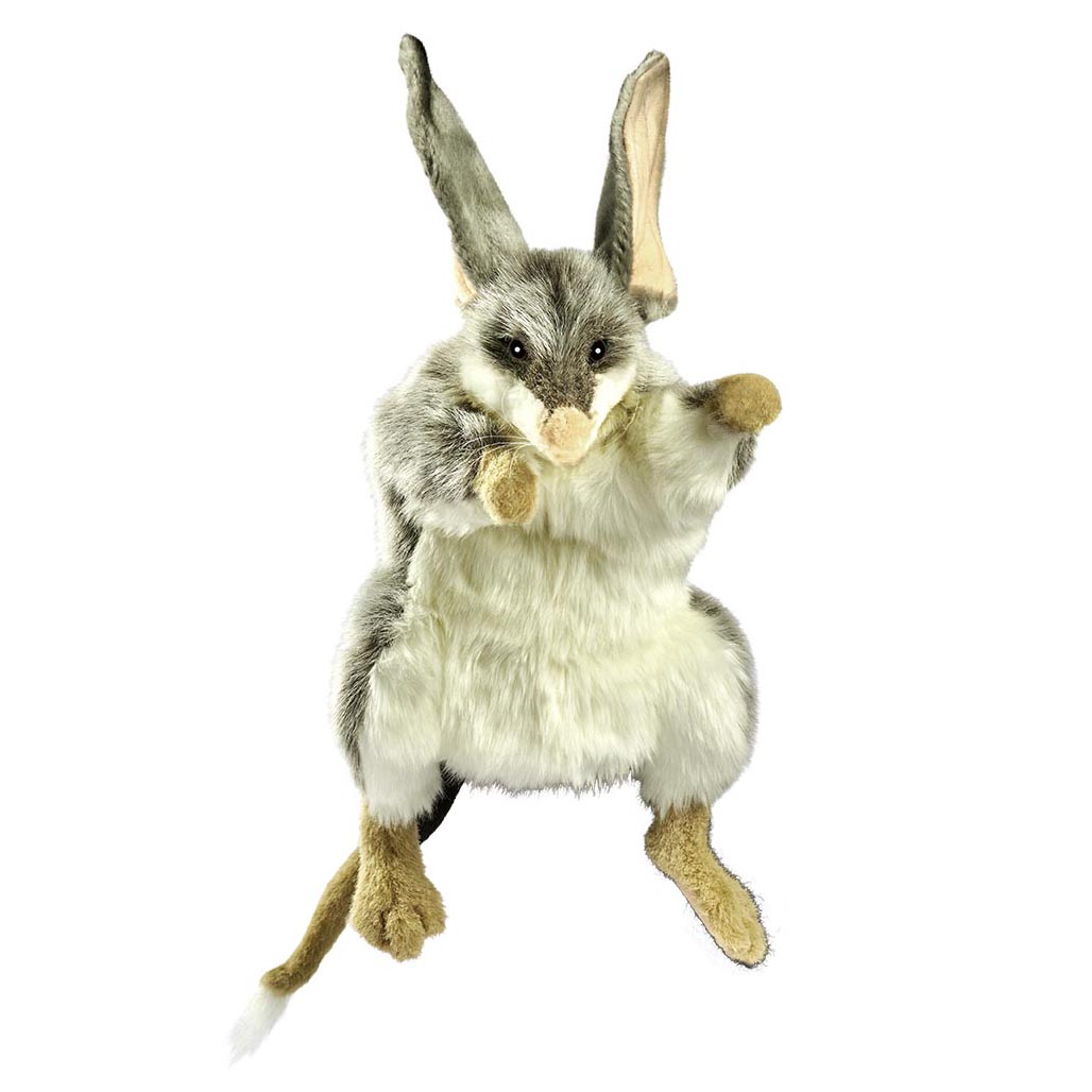 Bilby hand puppet by Hansa Creation with grey-white fur, long ears and beige paws