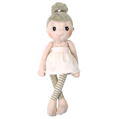 Rubens EcoBuds doll Iris with green hair bun, dotted top and white skirt