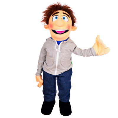 Living Puppets hand puppet Mr Sunday with brown quiff, grey hooded jacket and jeans