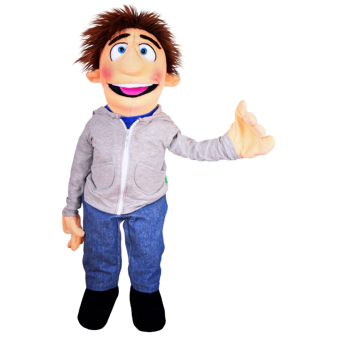 Living Puppets hand puppet Mr Sunday with brown quiff, grey hooded jacket and jeans