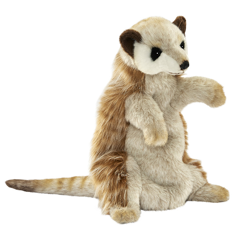 Meerkat hand puppet by Hansa Creation with sand-coloured fur and dark eye patches, upright