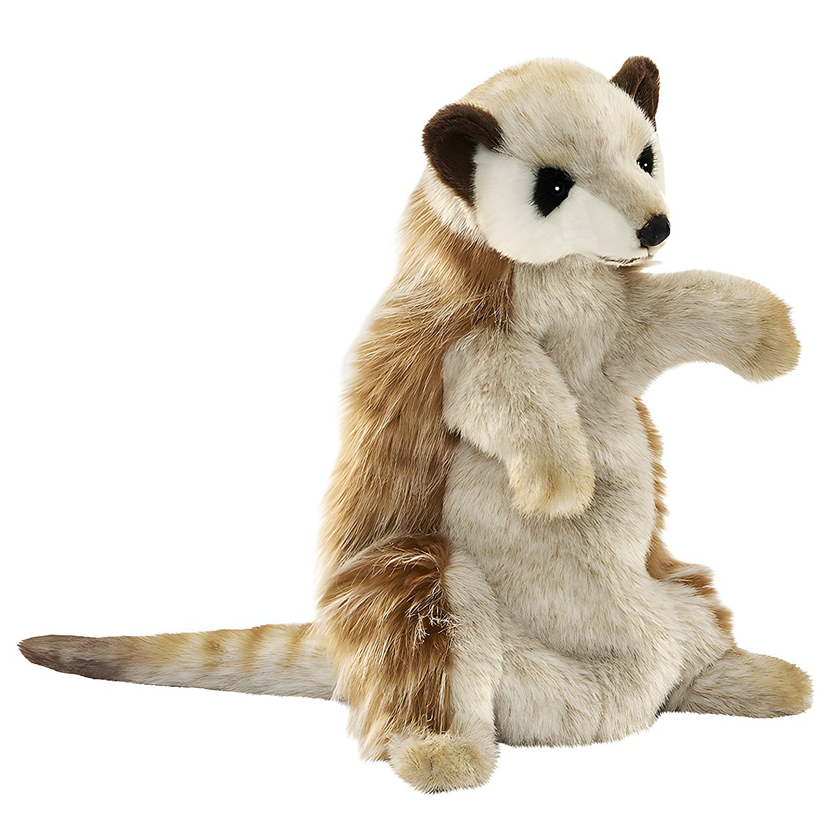Meerkat hand puppet by Hansa Creation with sand-coloured fur and dark eye patches, upright