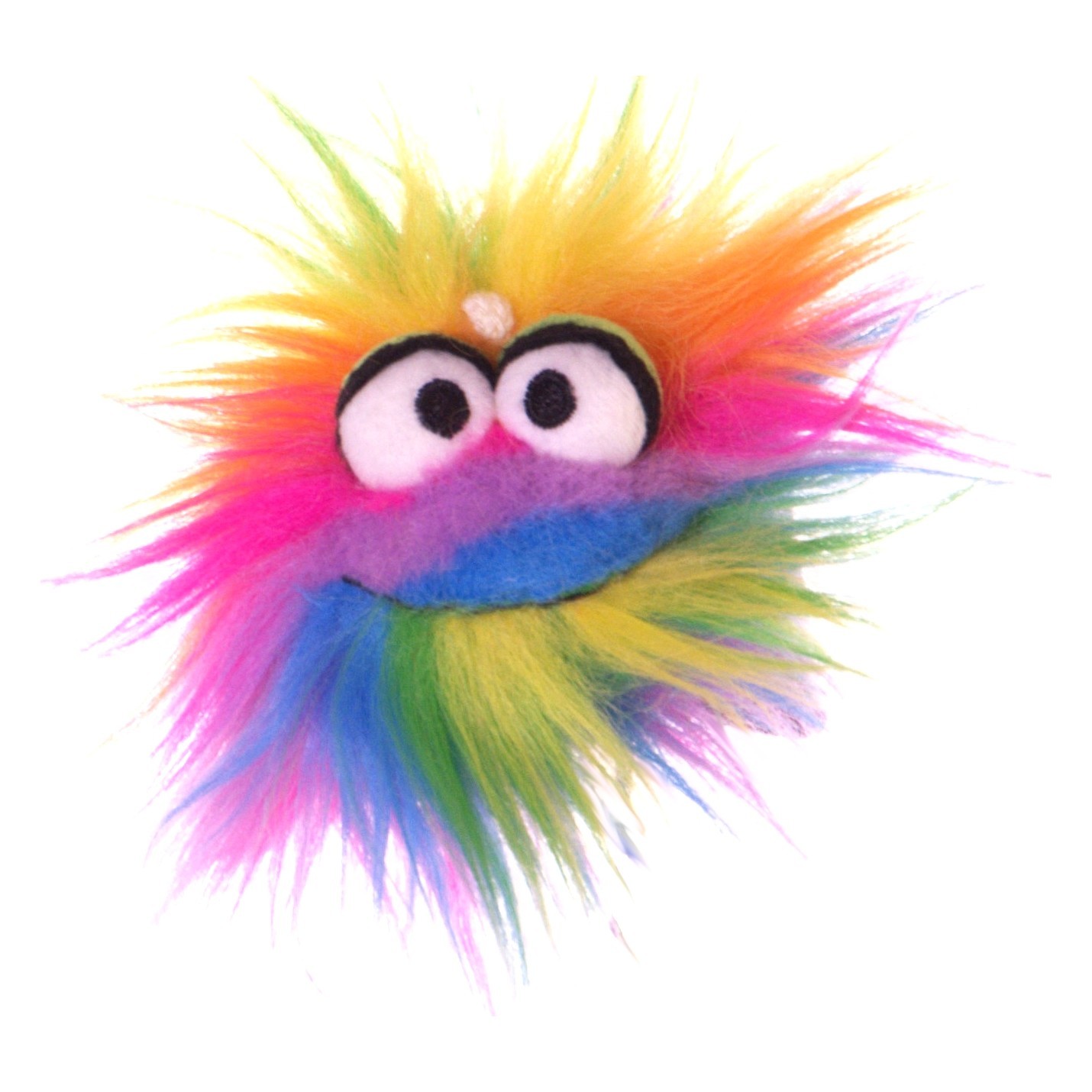 Mini Quatschkopp Rainbow from the set - plush ball with long rainbow-coloured fur, big eyes and a smile