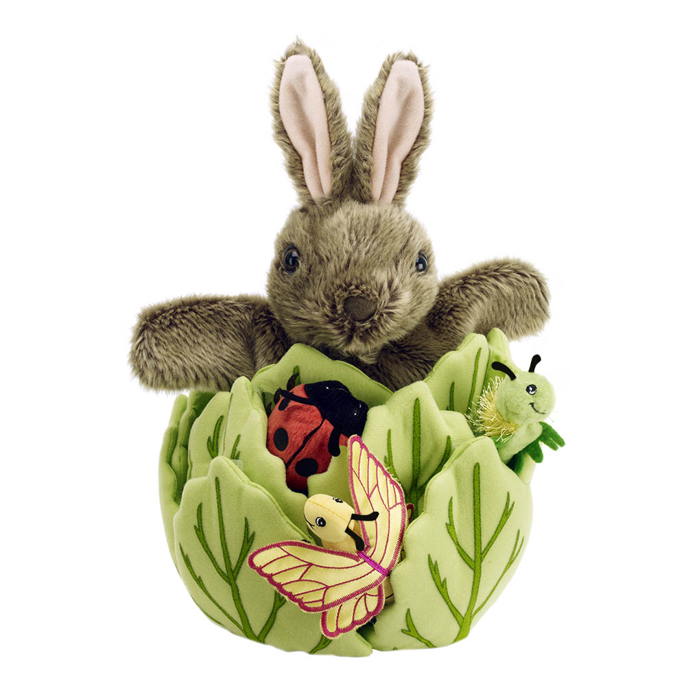 The Puppet Company rabbit in lettuce hand puppet with 3 finger puppets, ladybird, caterpillar and butterfly