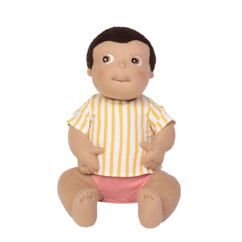 Rubens Barn baby doll Ben with brown hair, yellow striped shirt and pink nappy pants, sitting