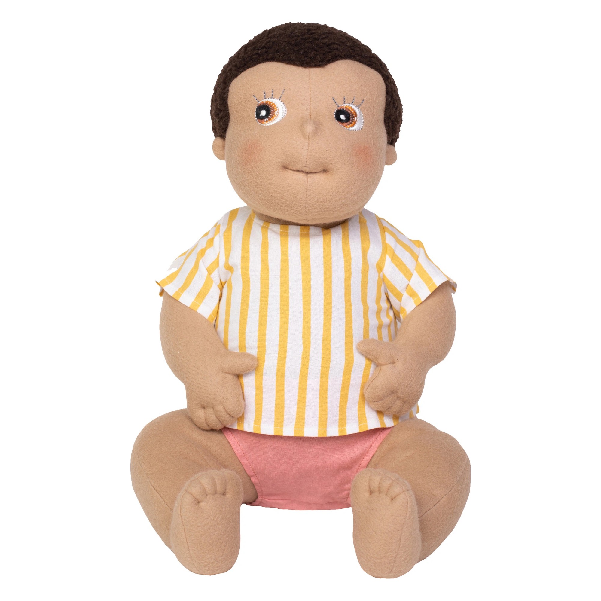 Rubens Barn baby doll Ben with brown hair, yellow striped shirt and pink nappy pants, sitting