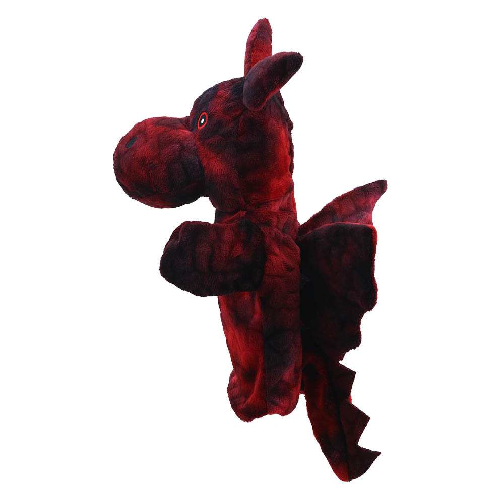 The Puppet Company baby hand puppet red dragon, red-black dragon with a wing and scaly pattern, side view