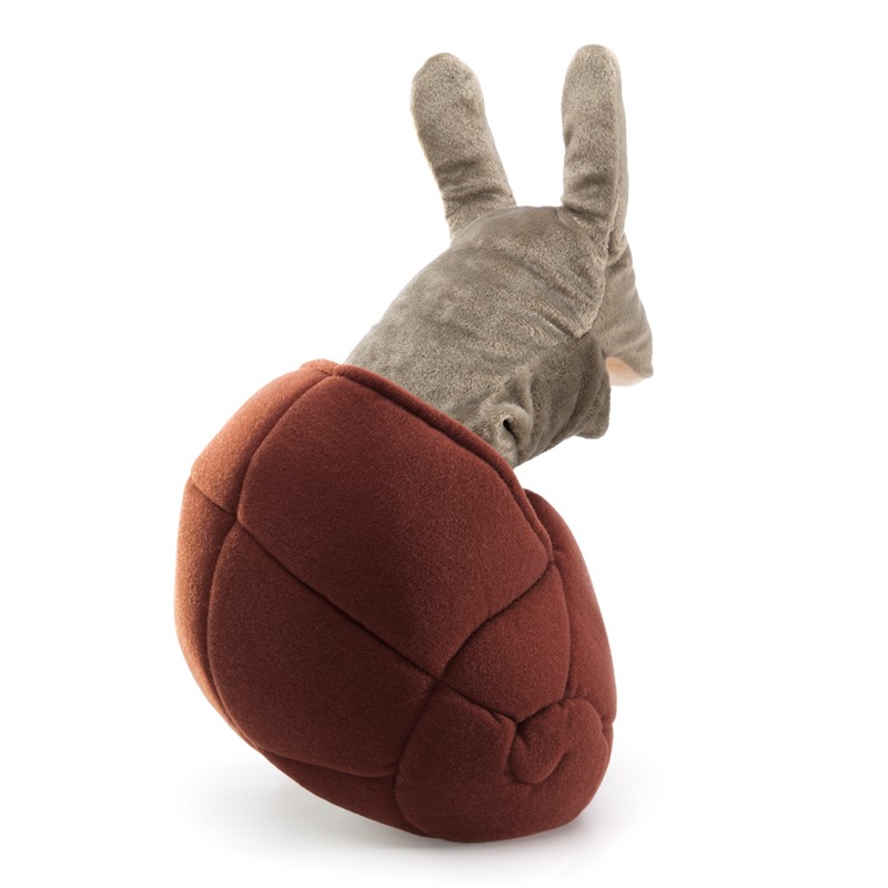 Folkmanis snail hand puppet with grey body, raised feelers and reddish-brown spiral shell, side view