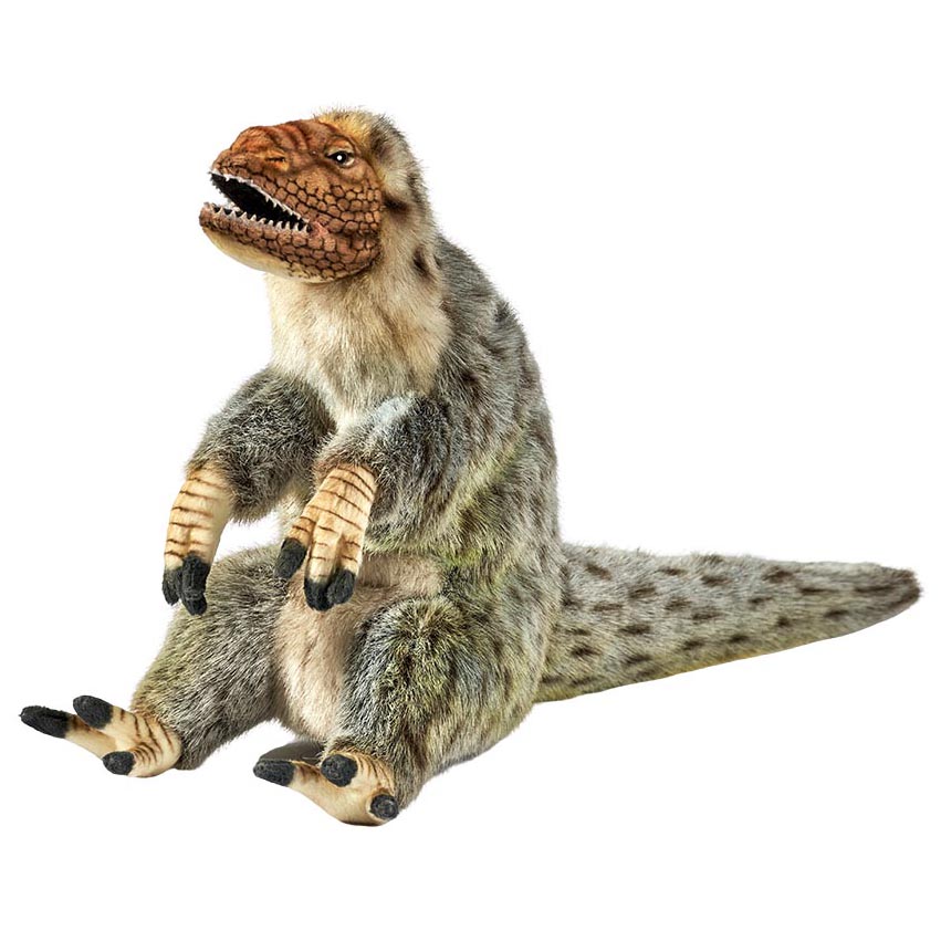 Yutyrannus hand puppet by Hansa Creation with spotted grey-brown feathered coat and an open mouth
