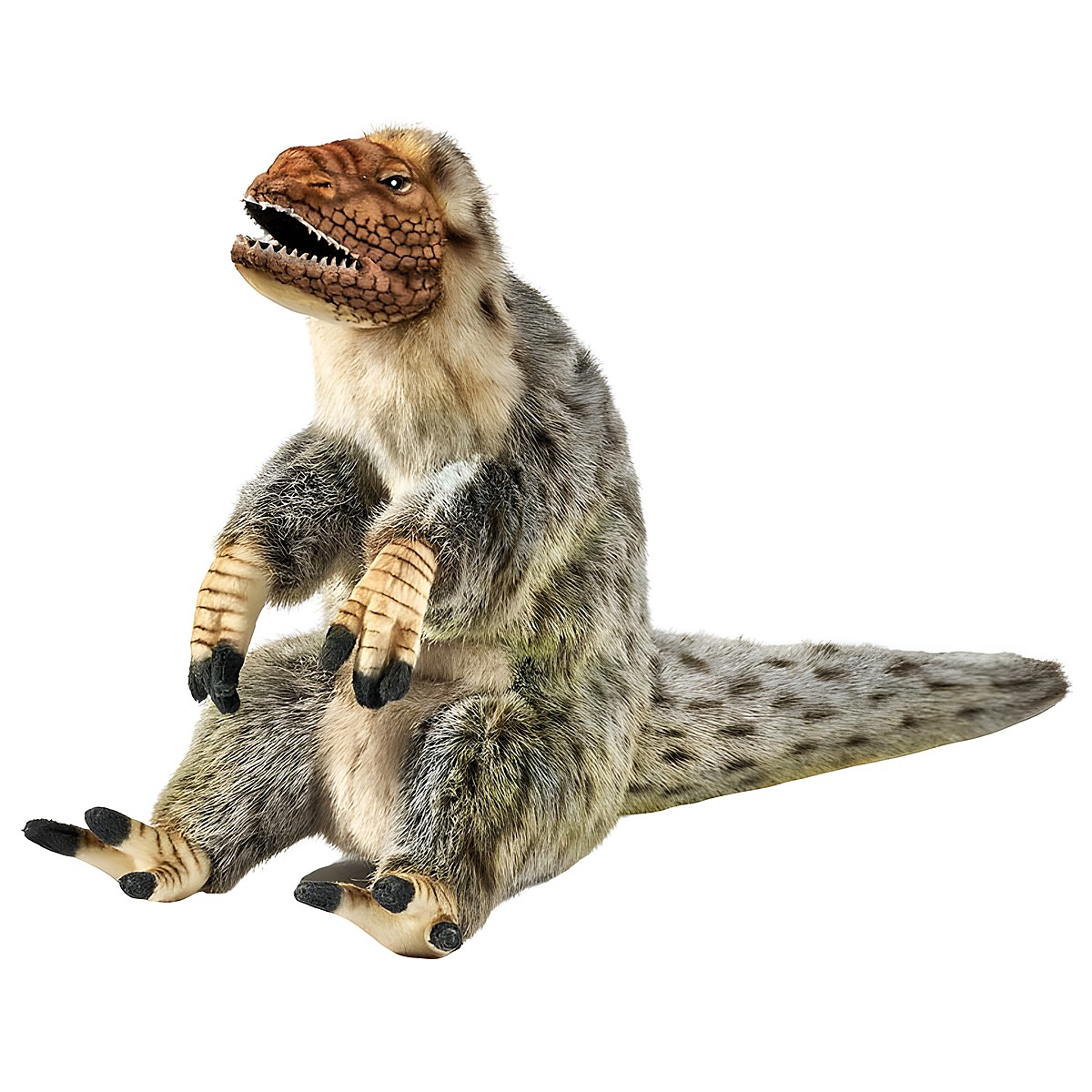 Yutyrannus hand puppet by Hansa Creation with spotted grey-brown feathered coat and an open mouth