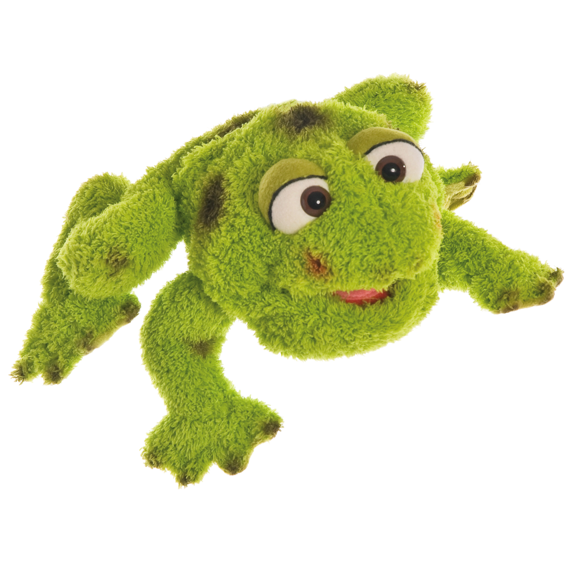 Living Puppets hand puppet Little Rolf the frog with green shaggy fur and dark spots, lying with legs stretched out