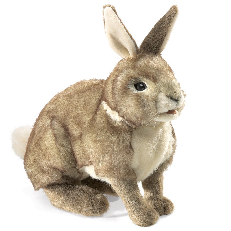 Folkmanis Cottontail Rabbit hand puppet in side view, brown-beige fur with white belly and characteristic bobtail