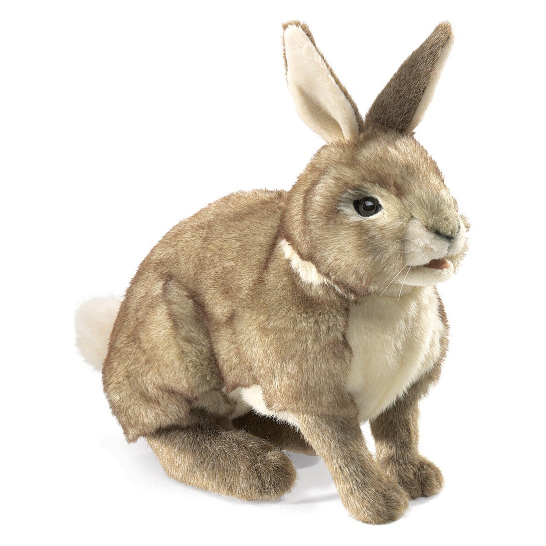 Folkmanis Cottontail Rabbit hand puppet in side view, brown-beige fur with white belly and characteristic bobtail
