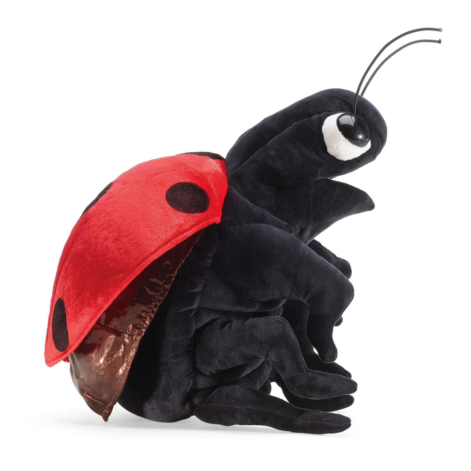 Folkmanis ladybird hand puppet shown side-on, the wing case folded to one side and its antennae raised.