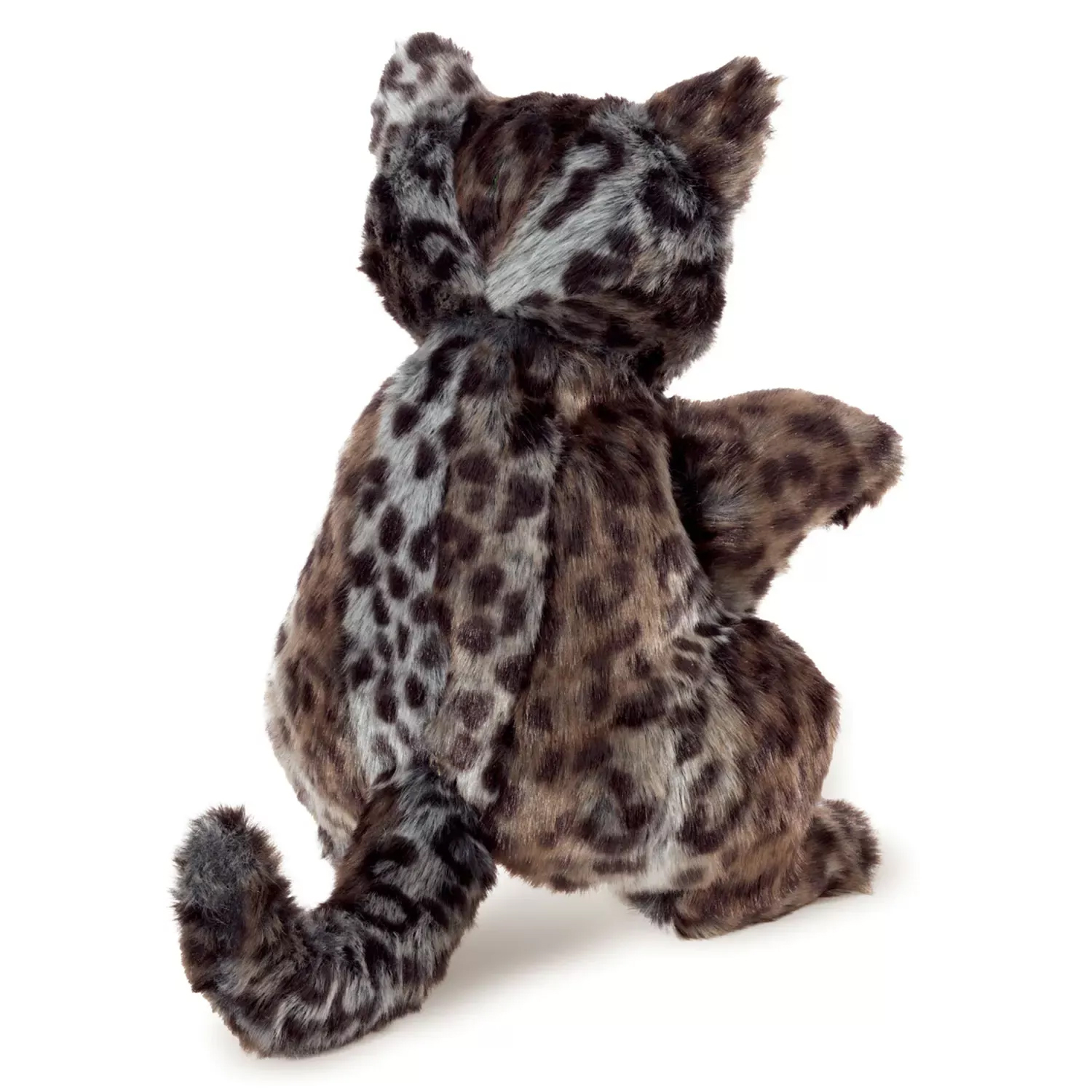 Folkmanis wildcat kitten hand puppet with grey-brown spotted fur, photographed from behind in a sitting position