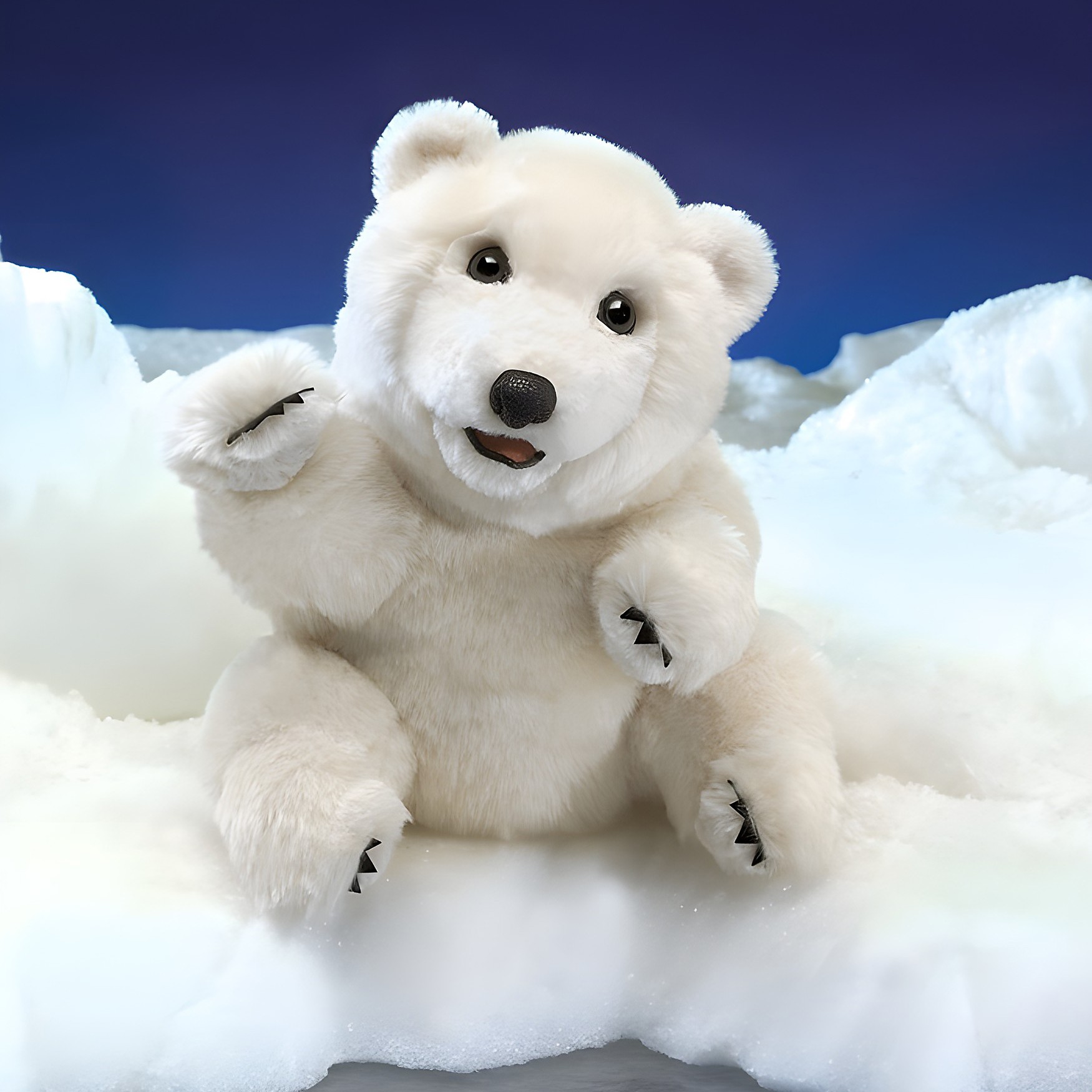 Folkmanis hand puppet sitting polar bear in white plush with open mouth and raised paw in front of an ice backdrop
