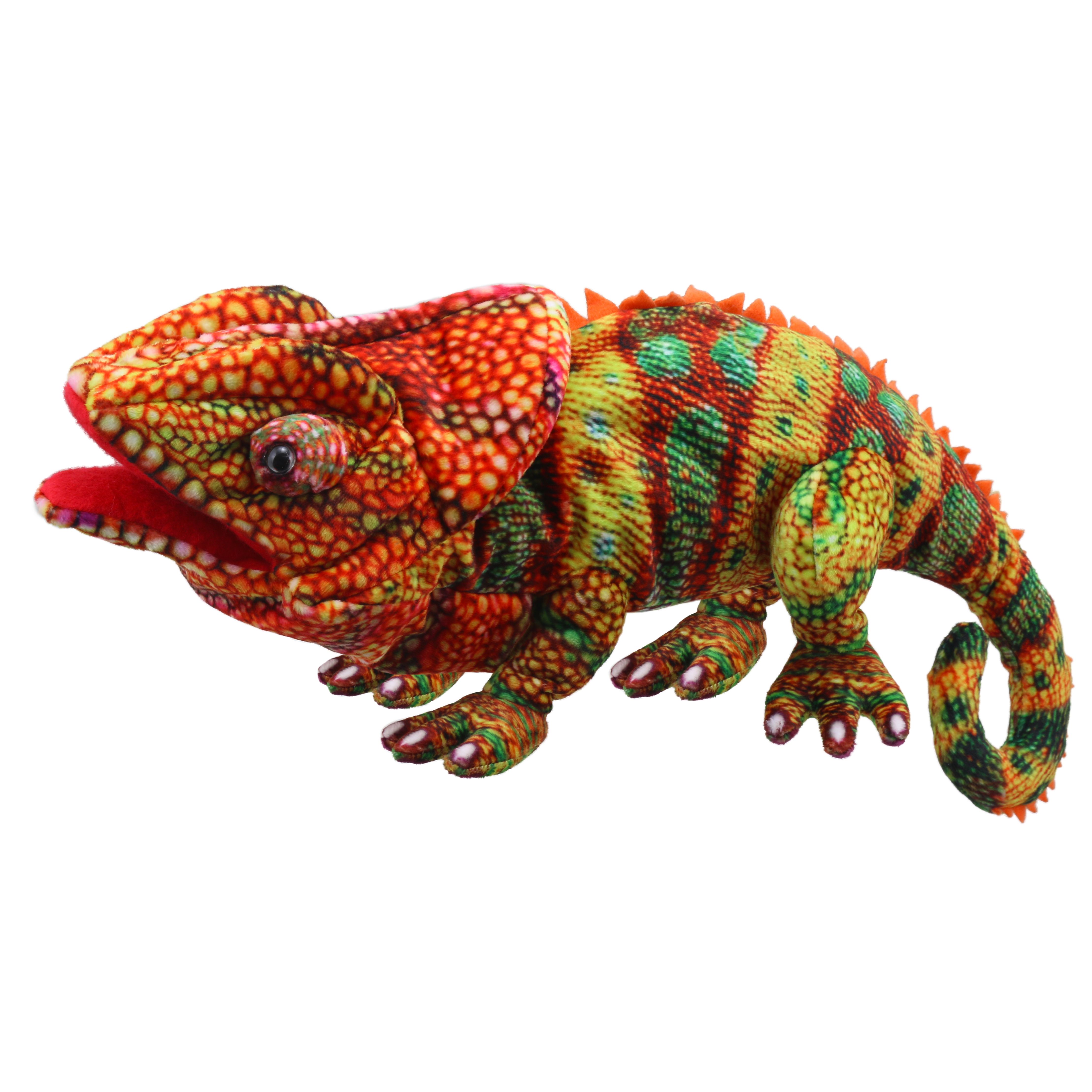 The Puppet Company hand puppet chameleon orange, orange and green patterned chameleon with a red open mouth