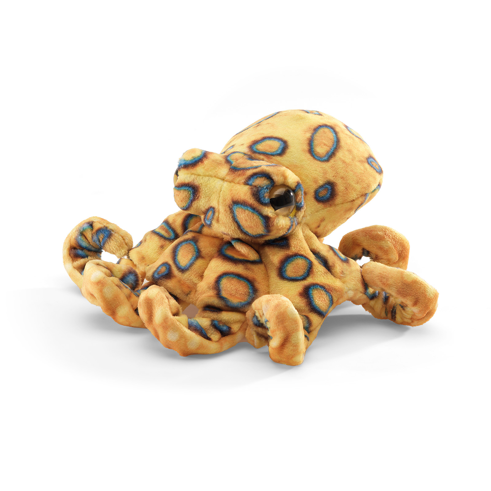 Folkmanis mini blue-ringed octopus finger puppet in golden ochre with characteristic blue rings, all eight tentacles outstretched, angled view