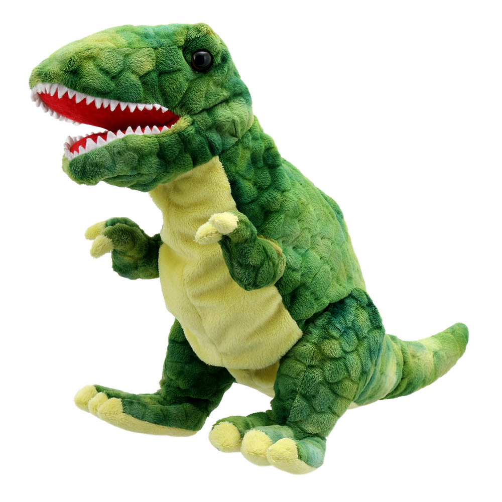 The Puppet Company Baby Tyrannosaurus Rex dinosaur hand puppet, green puppet with an open mouth and white teeth