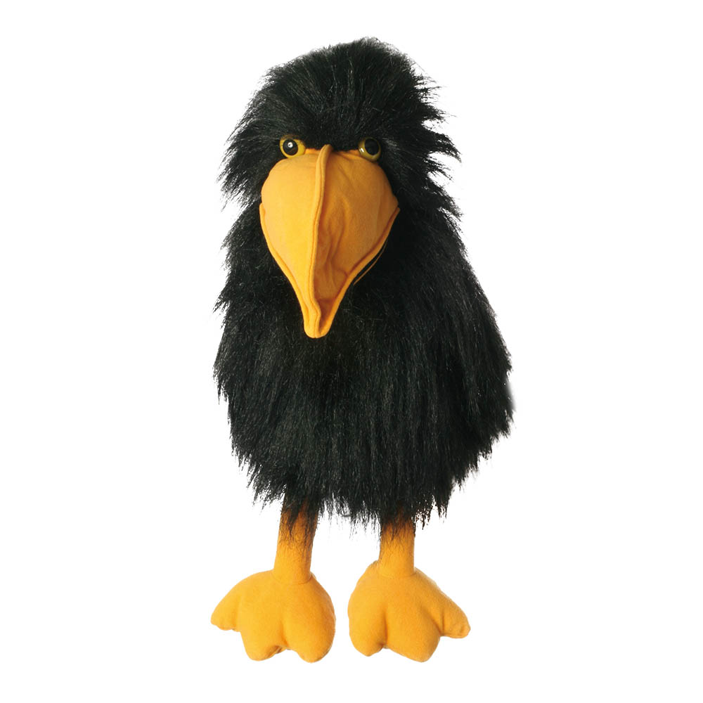 The Puppet Company hand puppet raven with sound, black crow with shaggy feathers, yellow beak and yellow feet