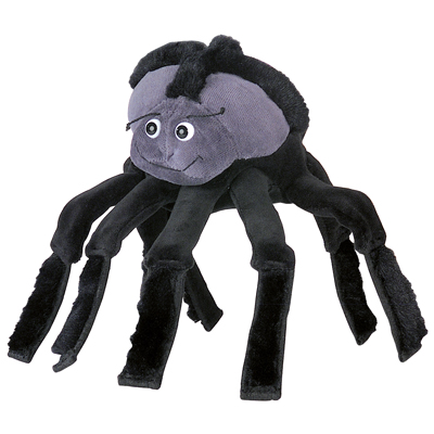 Beleduc hand puppet spider with a grey body, black legs and big eyes