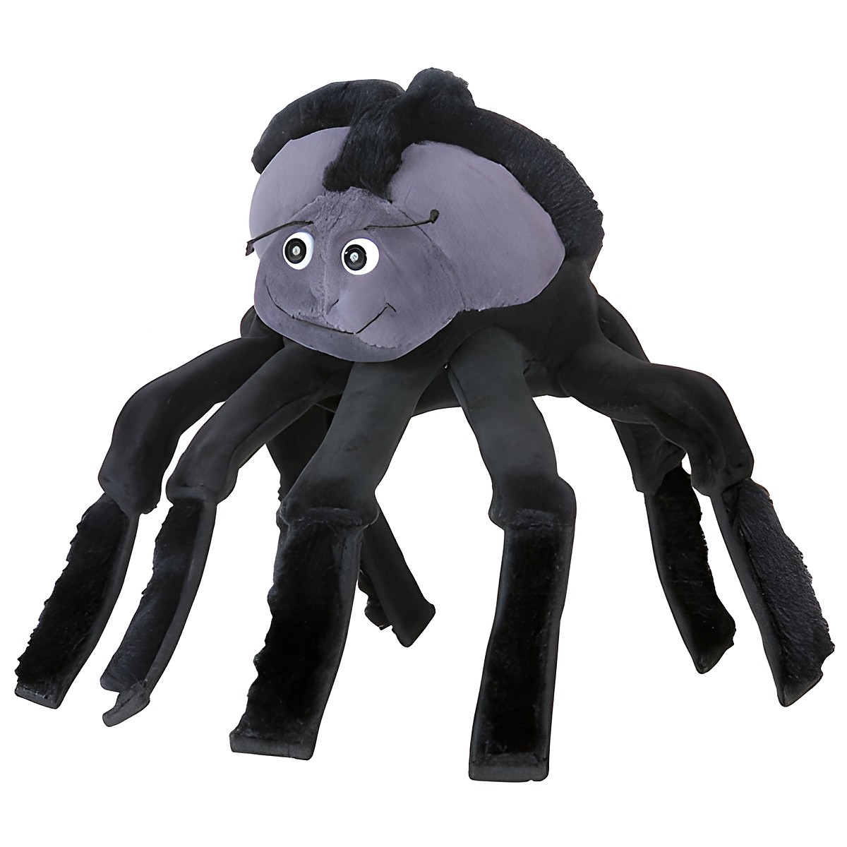 Beleduc hand puppet spider with a grey body, black legs and big eyes