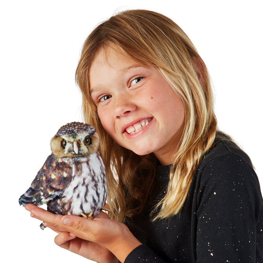 Girl holding a Folkmanis pygmy owl hand puppet with brown-and-white plumage and yellow eyes in both hands