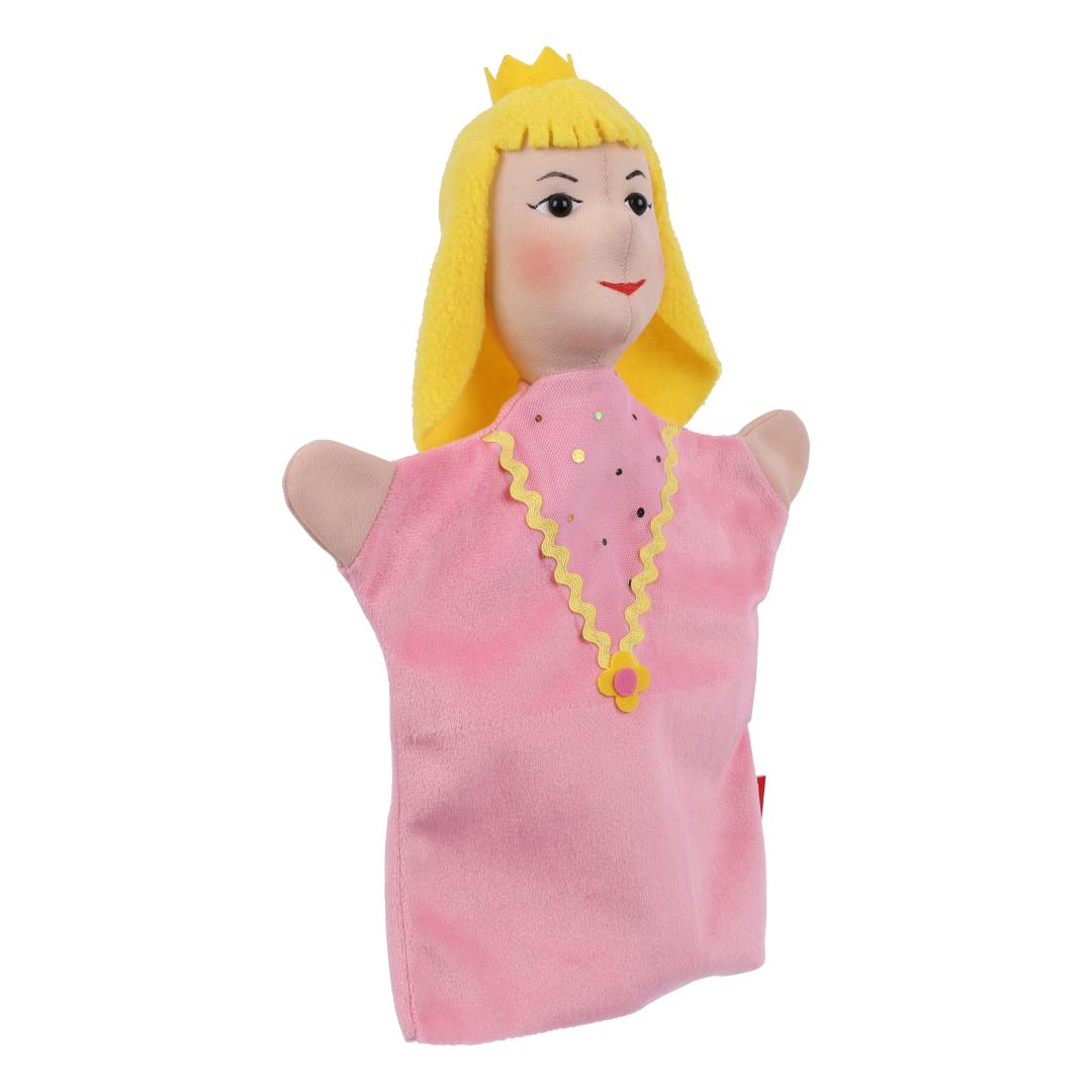 Princess hand puppet by munabo, turned to the side with rosy cheeks and a sparkly dress.