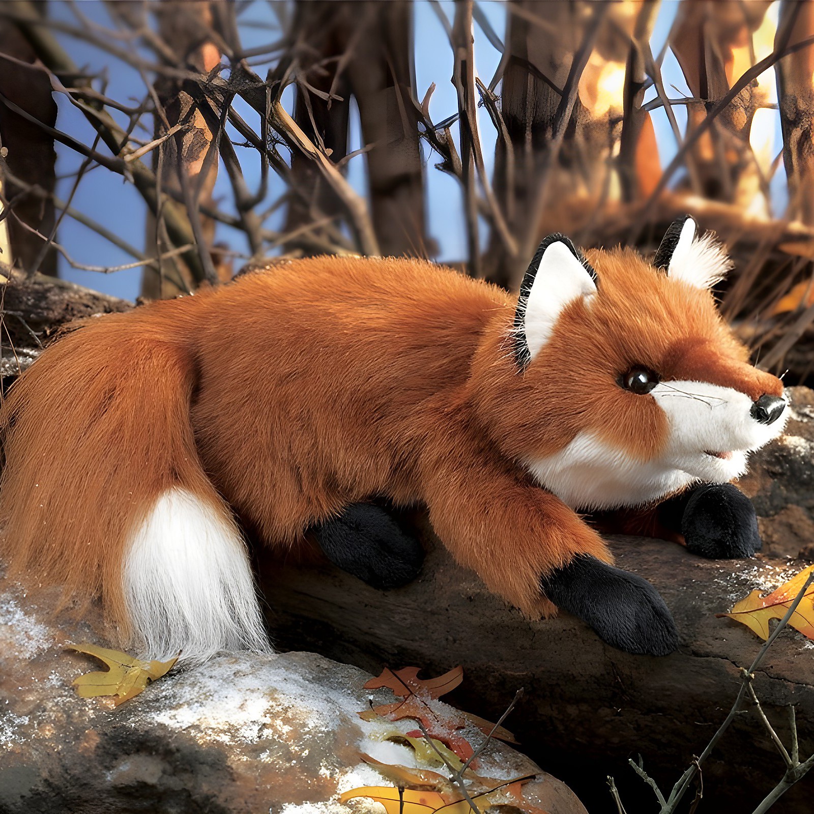 Folkmanis hand puppet small red fox in a crouching pose on a rock, red-brown fur with white tail tip and black paws