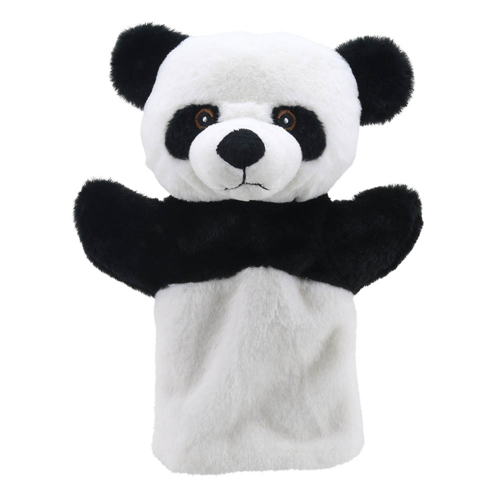 The Puppet Company baby hand puppet panda, white puppet with black ears and a black arm band, front view