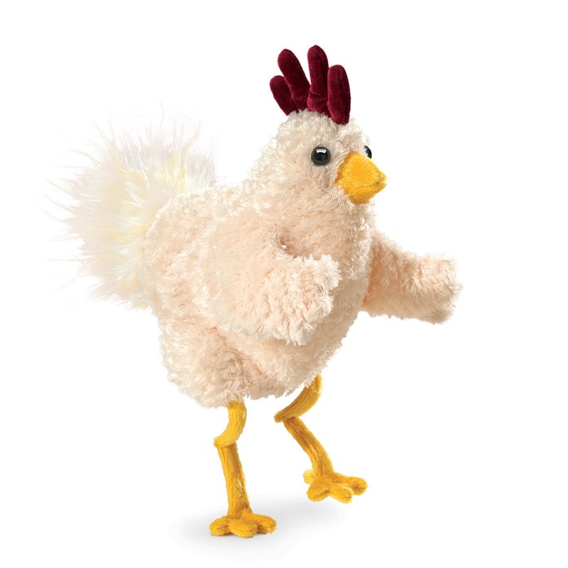 Folkmanis hand puppet Funky Chicken made of cream-coloured plush with a dark red comb, yellow beak and legs in a walking pose