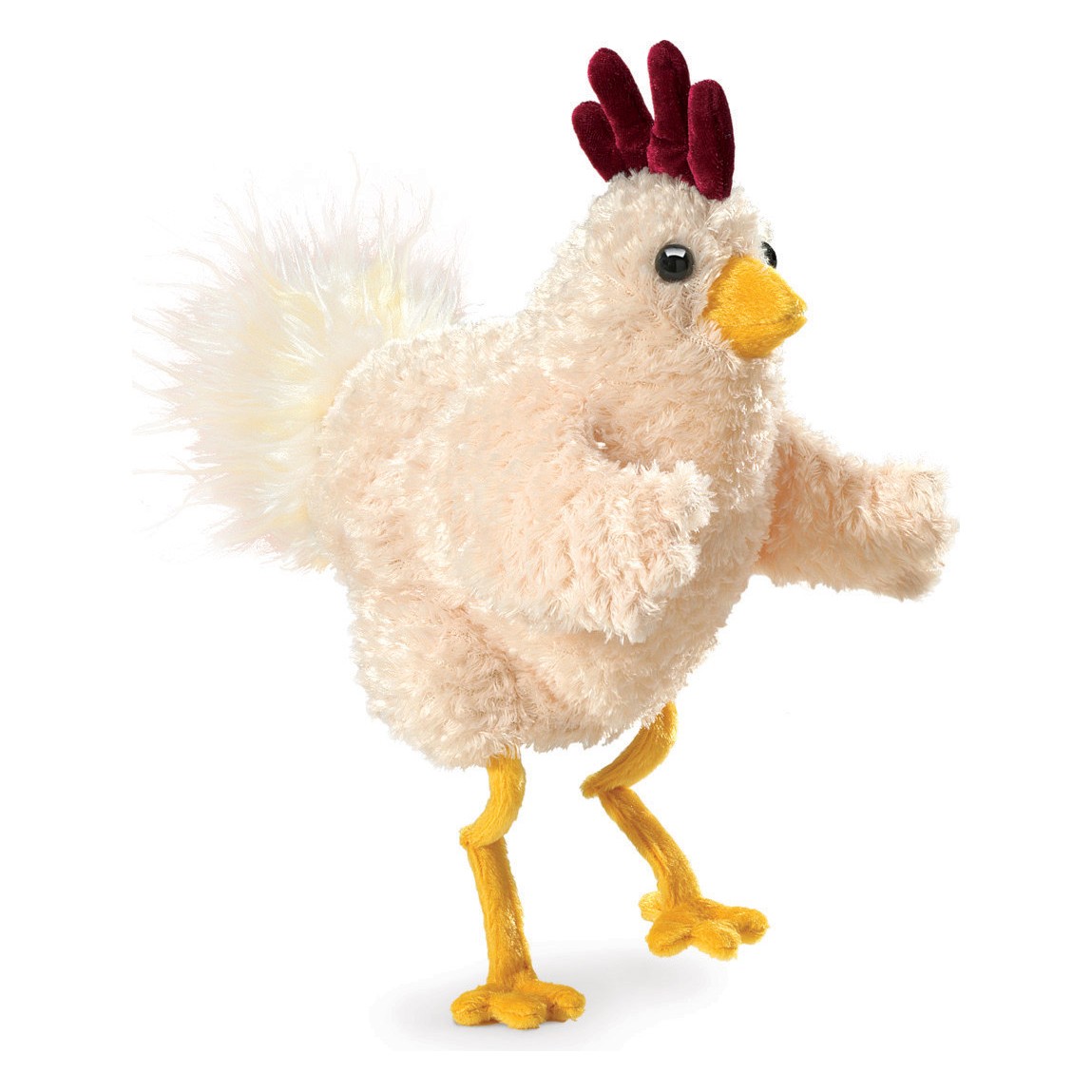 Folkmanis hand puppet Funky Chicken made of cream-coloured plush with a dark red comb, yellow beak and legs in a walking pose