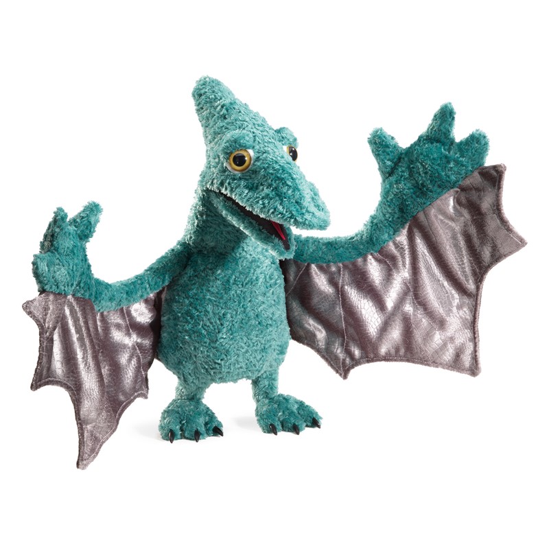Folkmanis pterodactyl hand puppet in turquoise with outstretched wings in grey satin fabric, open mouth and claws