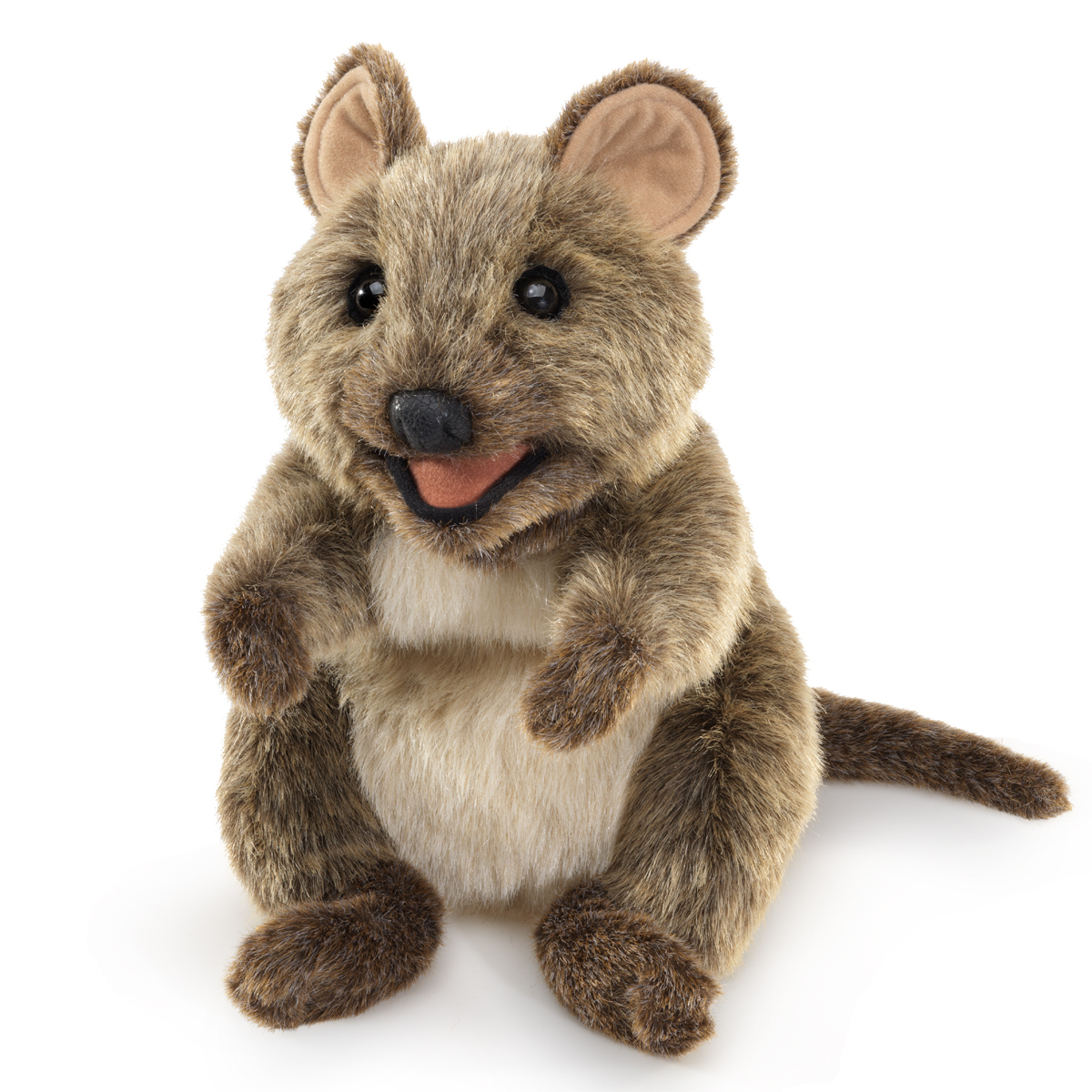 Folkmanis Quokka hand puppet with brown-beige fur, light belly and open mouth, sitting facing front