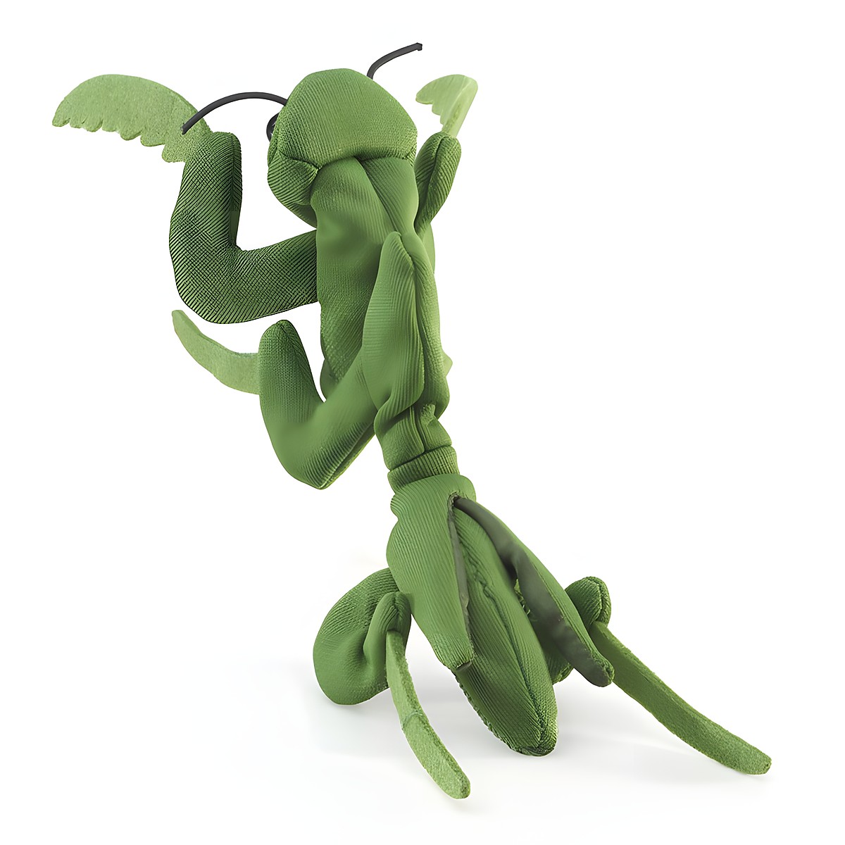 Folkmanis mini praying mantis finger puppet in green with raised forelegs, black antennae and wings, shown at an angle