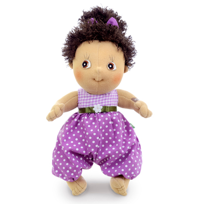 Rubens Cutie doll Hanna with dark curls and a purple dotted jumpsuit