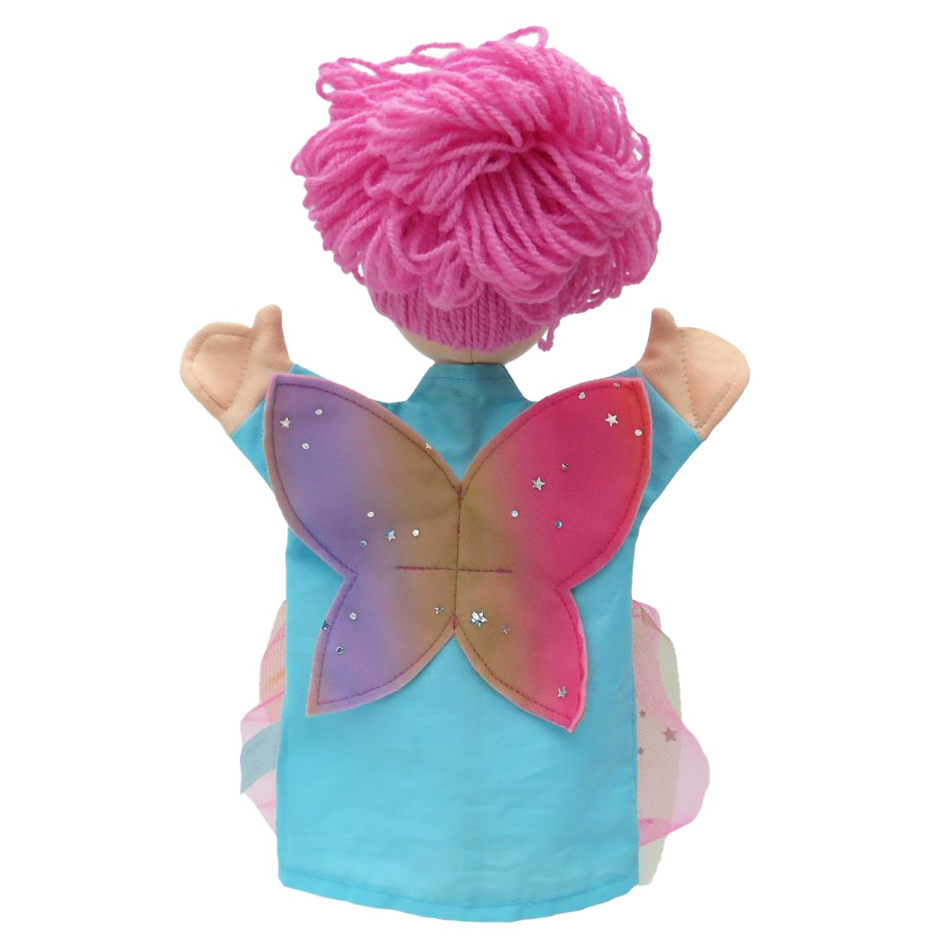 Punch and Judy puppet fairy Lili by munabo seen from the back with pink woollen hair and rainbow wings
