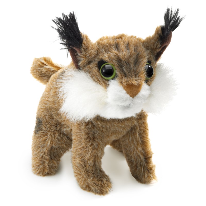 Folkmanis mini lynx finger puppet with brown-patterned fur, white cheek ruff, green eyes and black ear tufts, standing