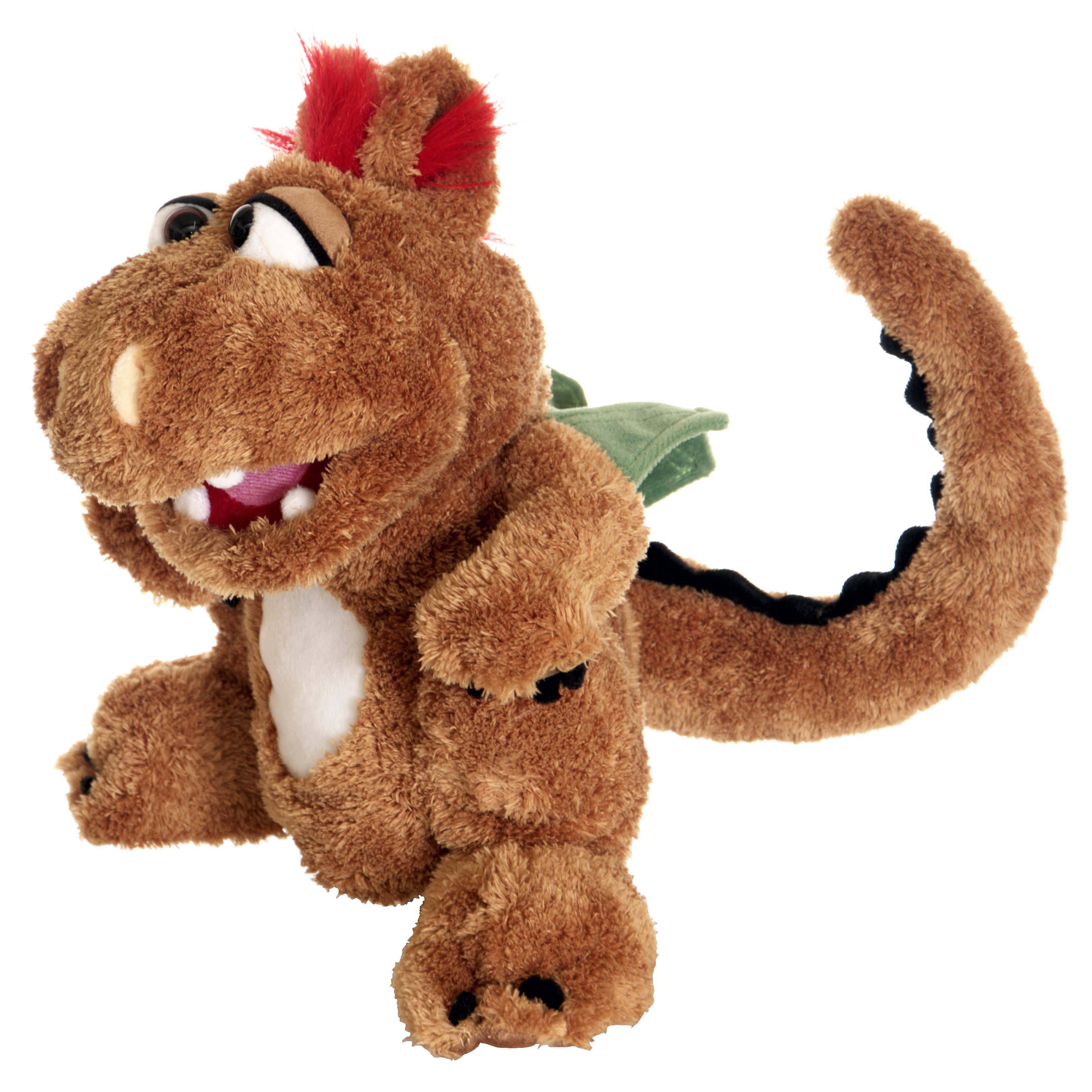 Living Puppets hand puppet Olli the little brown dragon with a red crest, green wings and a long tail, open mouth, side view