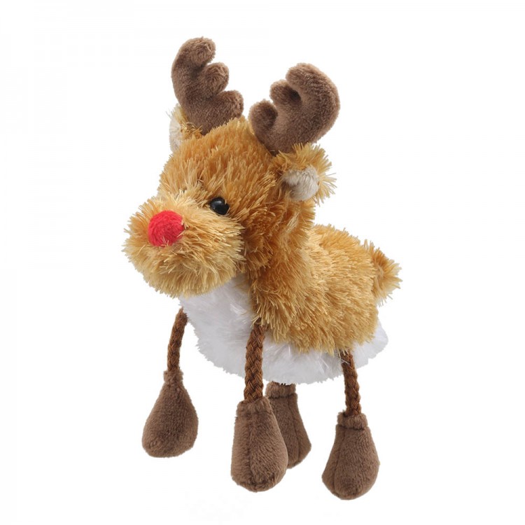 The Puppet Company finger puppet reindeer, tan reindeer with a red nose, antlers and fabric legs