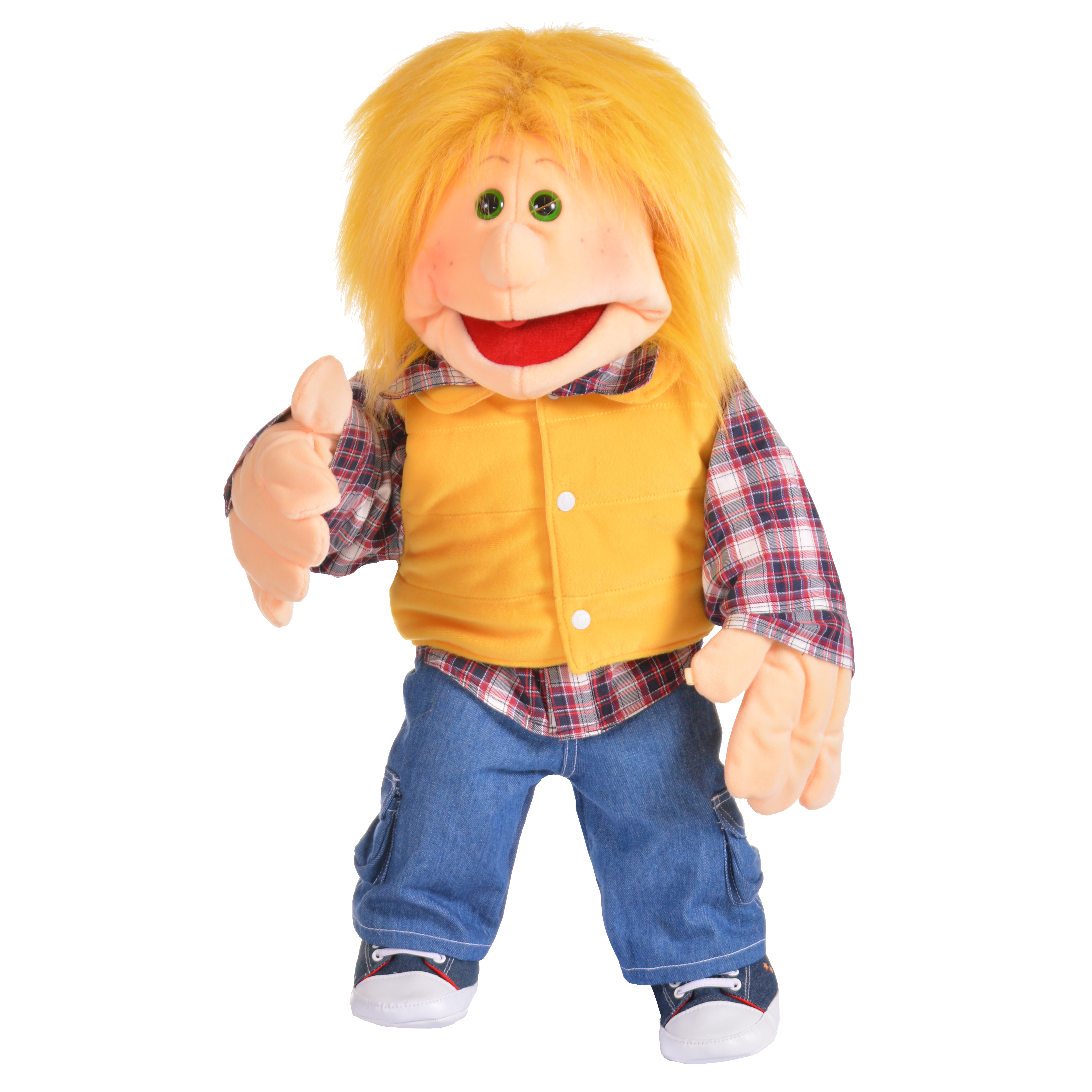 Living Puppets hand puppet Melvin with yellow hair, yellow vest over a plaid shirt and jeans, thumbs up