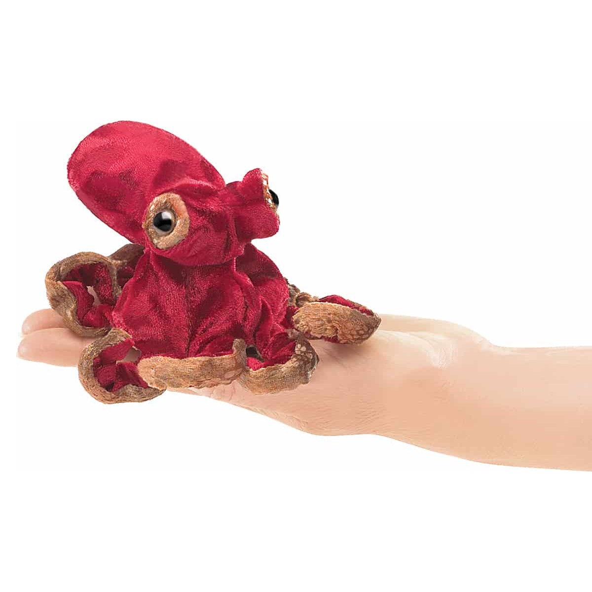 Folkmanis mini finger puppet octopus in dark red with brown tentacles, lying on a palm, side view
