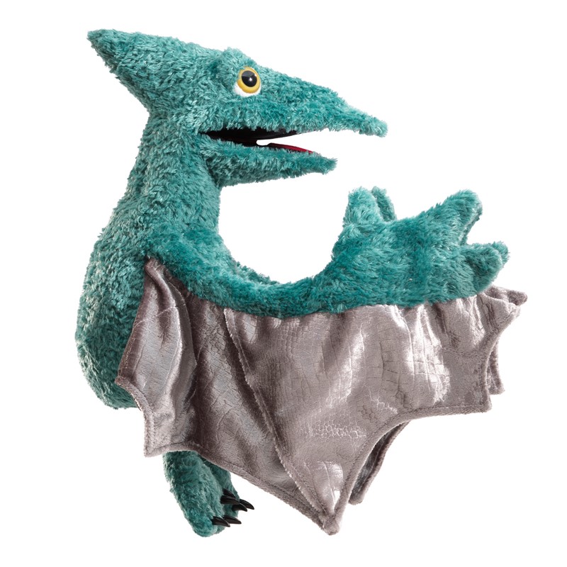 Folkmanis pterodactyl hand puppet in teal green with a movable mouth, spread wings in grey fabric, and black claws, side view