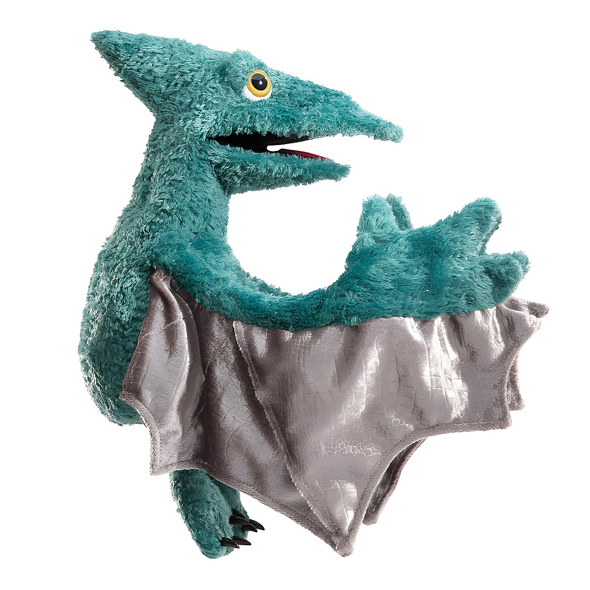 Folkmanis pterodactyl hand puppet in teal green with a movable mouth, spread wings in grey fabric, and black claws, side view