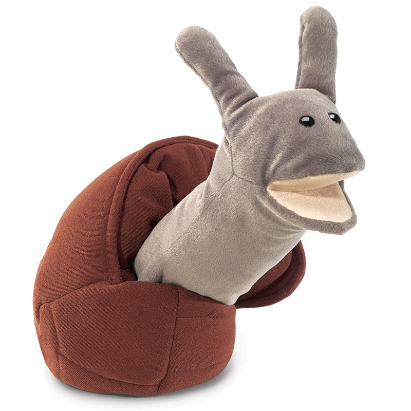 Folkmanis Snail hand puppet with grey body, raised feelers and brown coiled shell, side view with open mouth