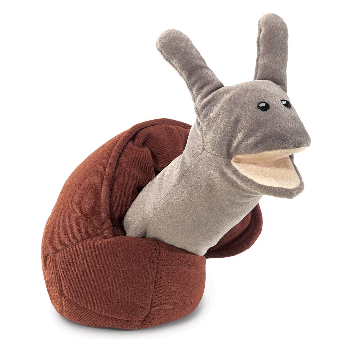 Folkmanis Snail hand puppet with grey body, raised feelers and brown coiled shell, side view with open mouth