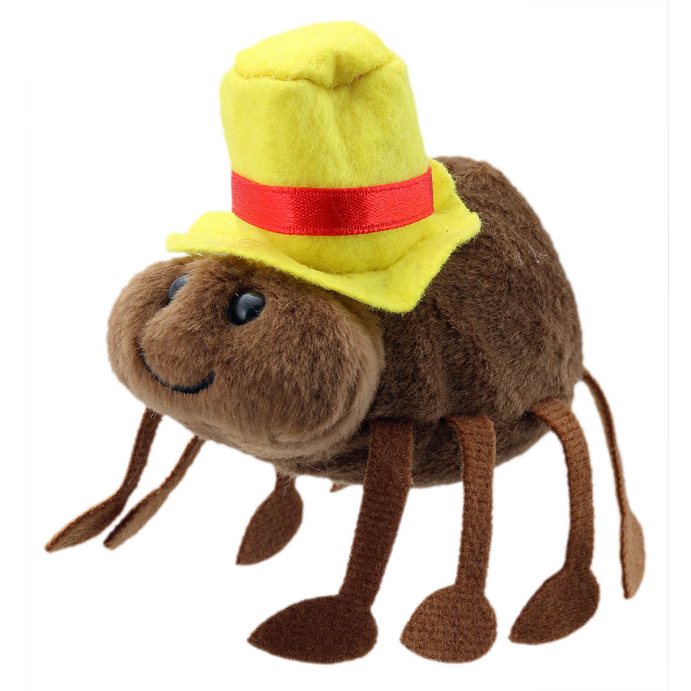 The Puppet Company finger puppet spider, brown spider with a yellow hat and red ribbon
