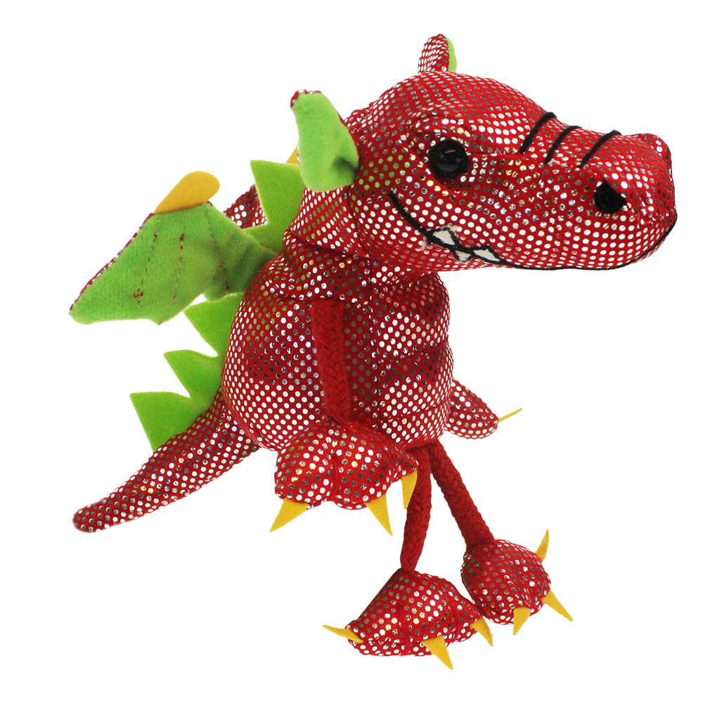 The Puppet Company finger puppet dragon, sparkly red dragon with green wings, side view